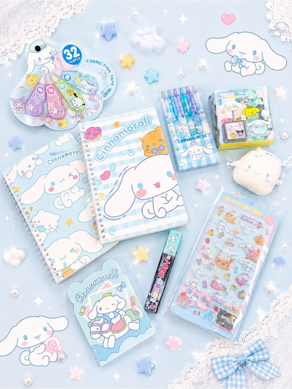 Sanrio Cinnamoroll Stationary Bundle notepads pens correction tape stamp set